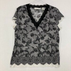 Vintage Dana Buchman XL Black Gray Floral Artsy Lace Stretch Mesh Nylon Top